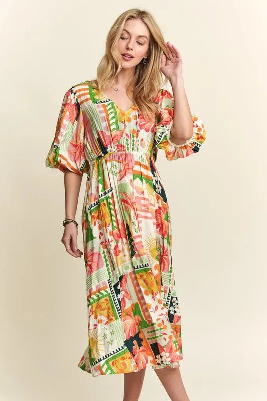 Tropical Patchwork Floral Puff Sleeve Midi Dress