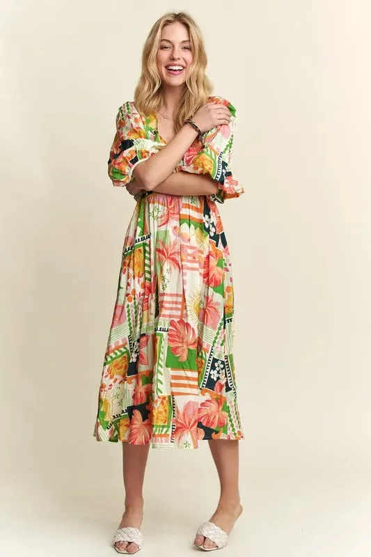 Tropical Patchwork Floral Puff Sleeve Midi Dress