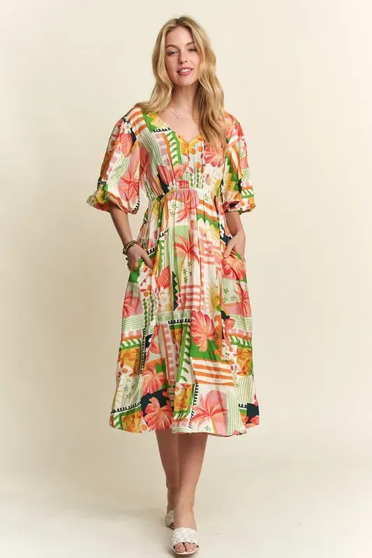Tropical Patchwork Floral Puff Sleeve Midi Dress
