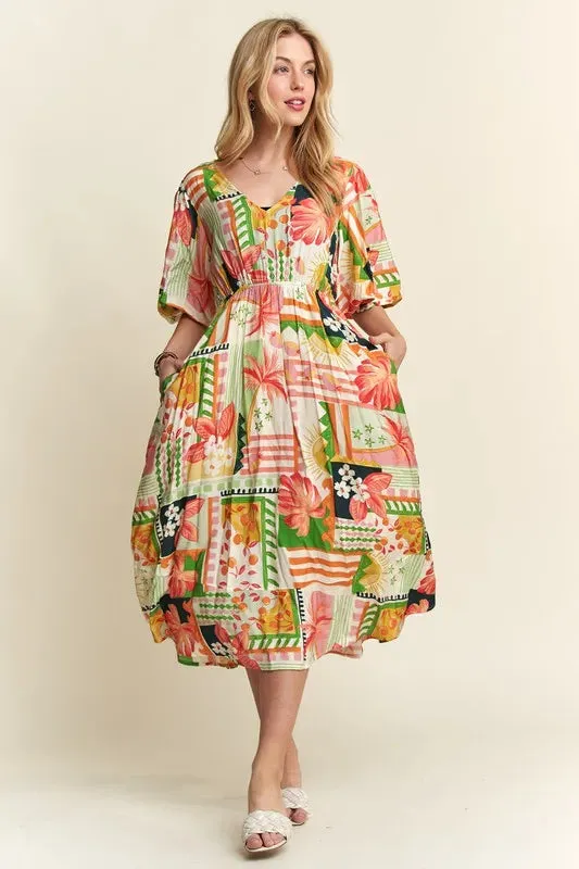 Tropical Patchwork Floral Puff Sleeve Midi Dress