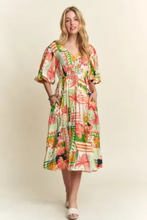 Tropical Patchwork Floral Puff Sleeve Midi Dress