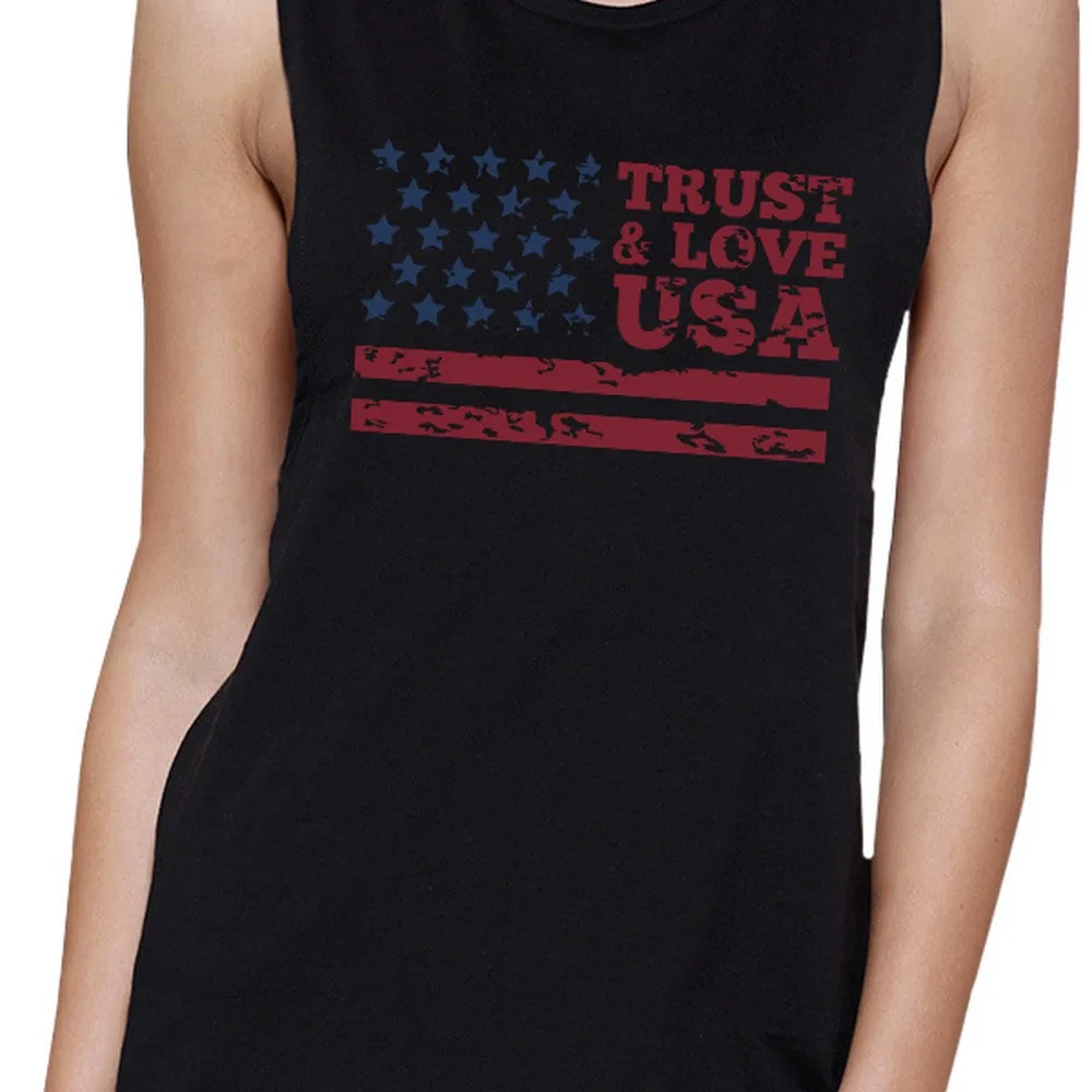 Trust & Love USA Womens Black Muscle Tanks Round Neck Line Cotton