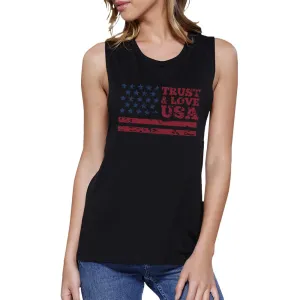Trust & Love USA Womens Black Muscle Tanks Round Neck Line Cotton
