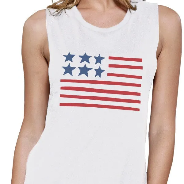 USA Flag Women White Graphic Cotton Muscle Tee For Independence Day