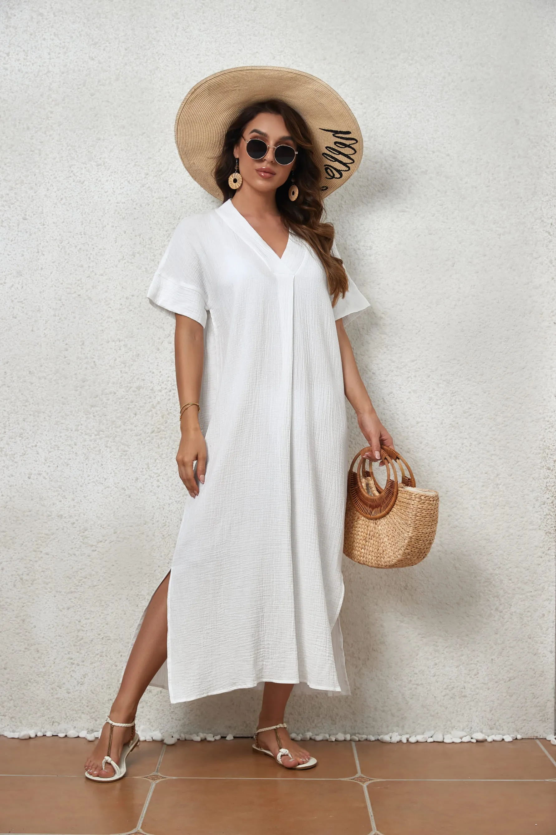 V-Neck Beach Kaftan Dress for Women, Side Split Swim Cover-Up