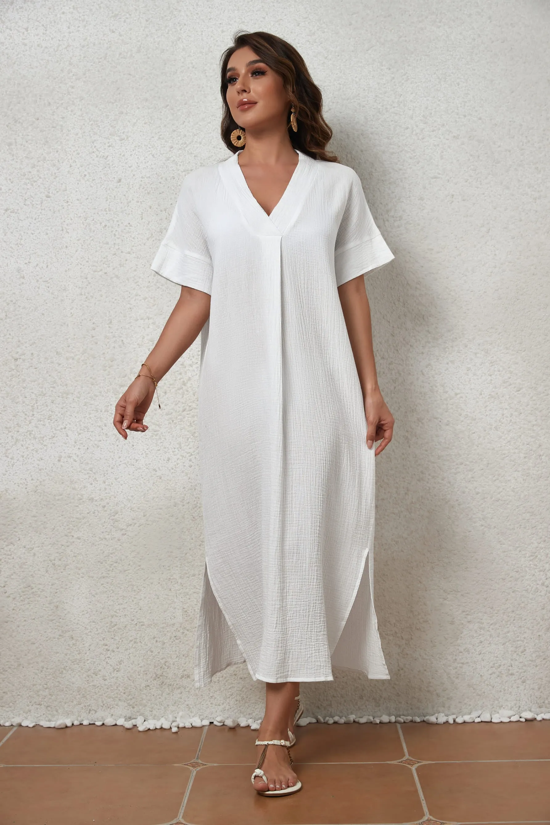 V-Neck Beach Kaftan Dress for Women, Side Split Swim Cover-Up