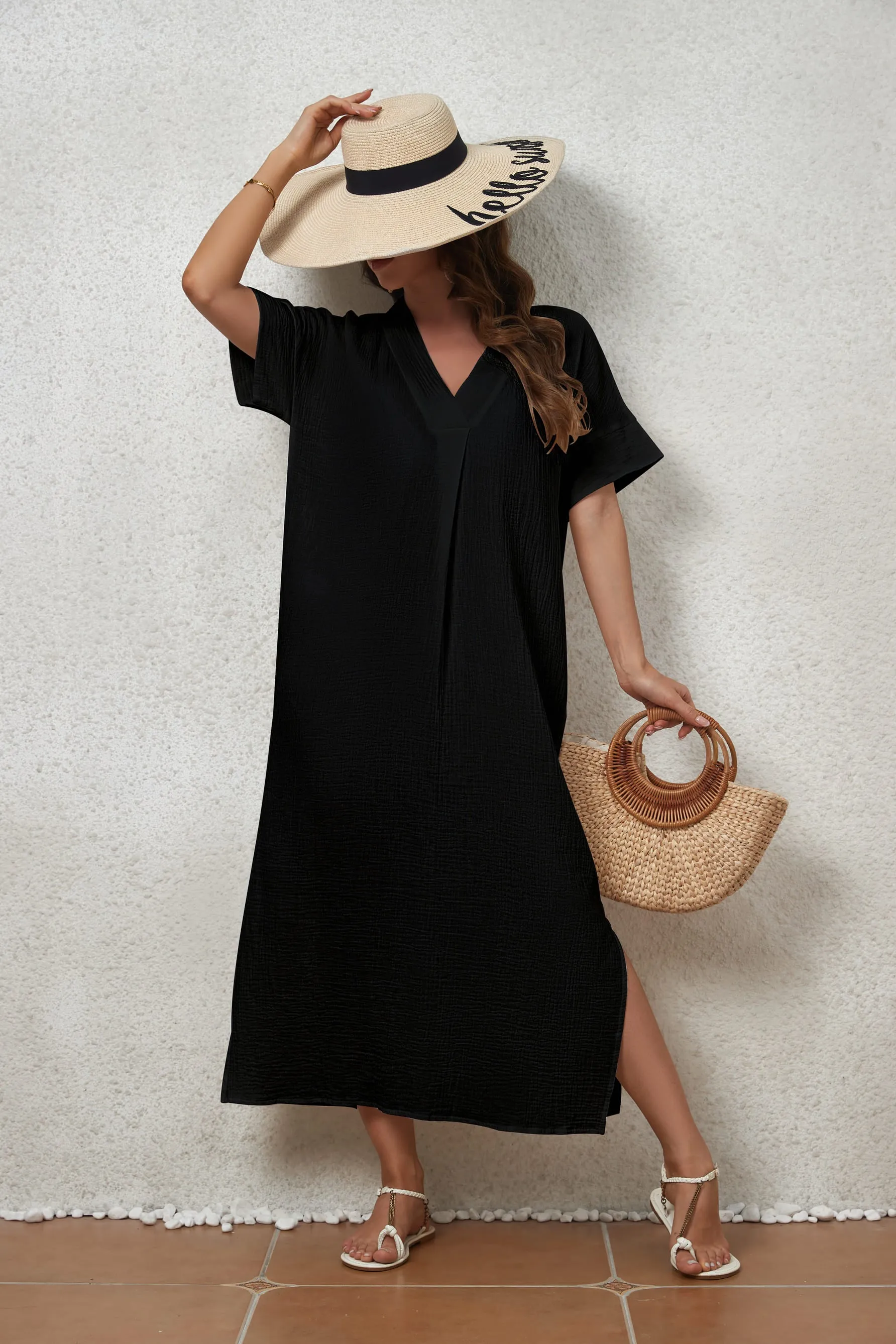 V-Neck Beach Kaftan Dress for Women, Side Split Swim Cover-Up