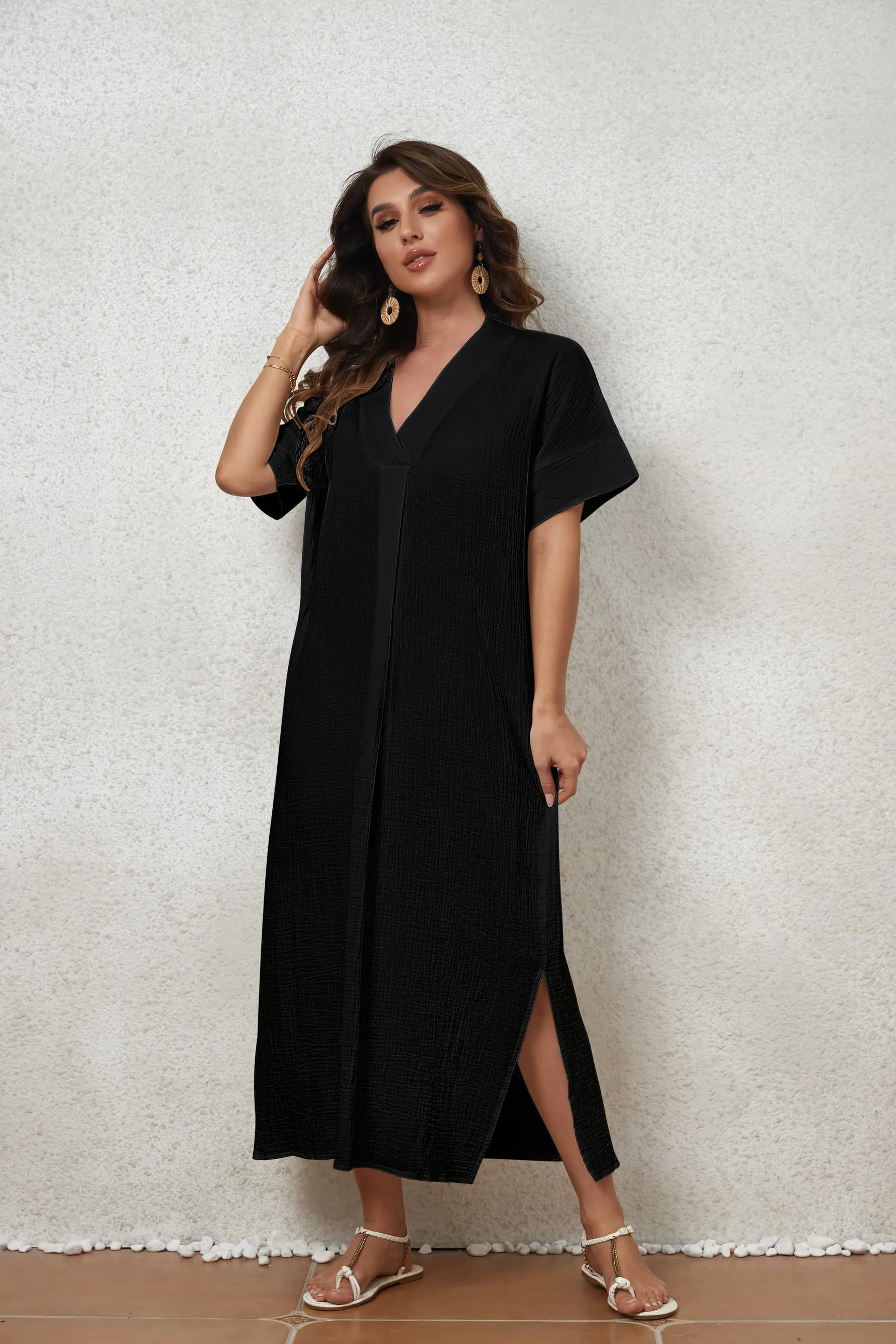 V-Neck Beach Kaftan Dress for Women, Side Split Swim Cover-Up