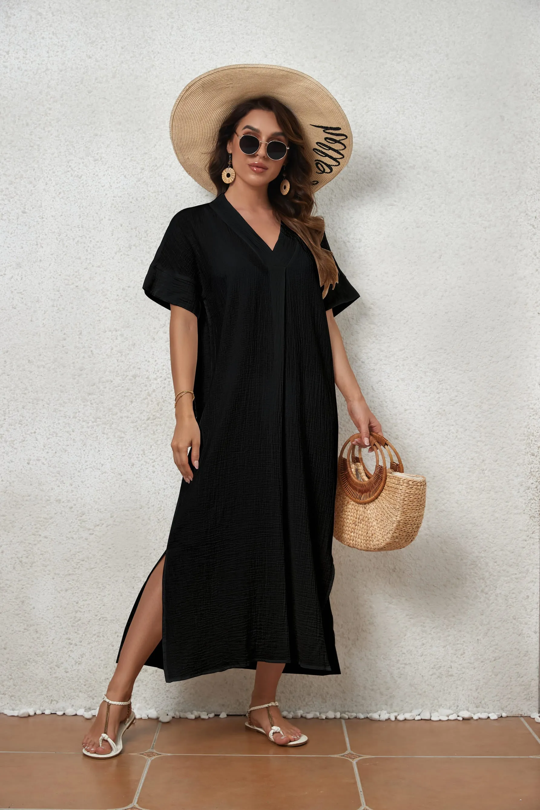 V-Neck Beach Kaftan Dress for Women, Side Split Swim Cover-Up