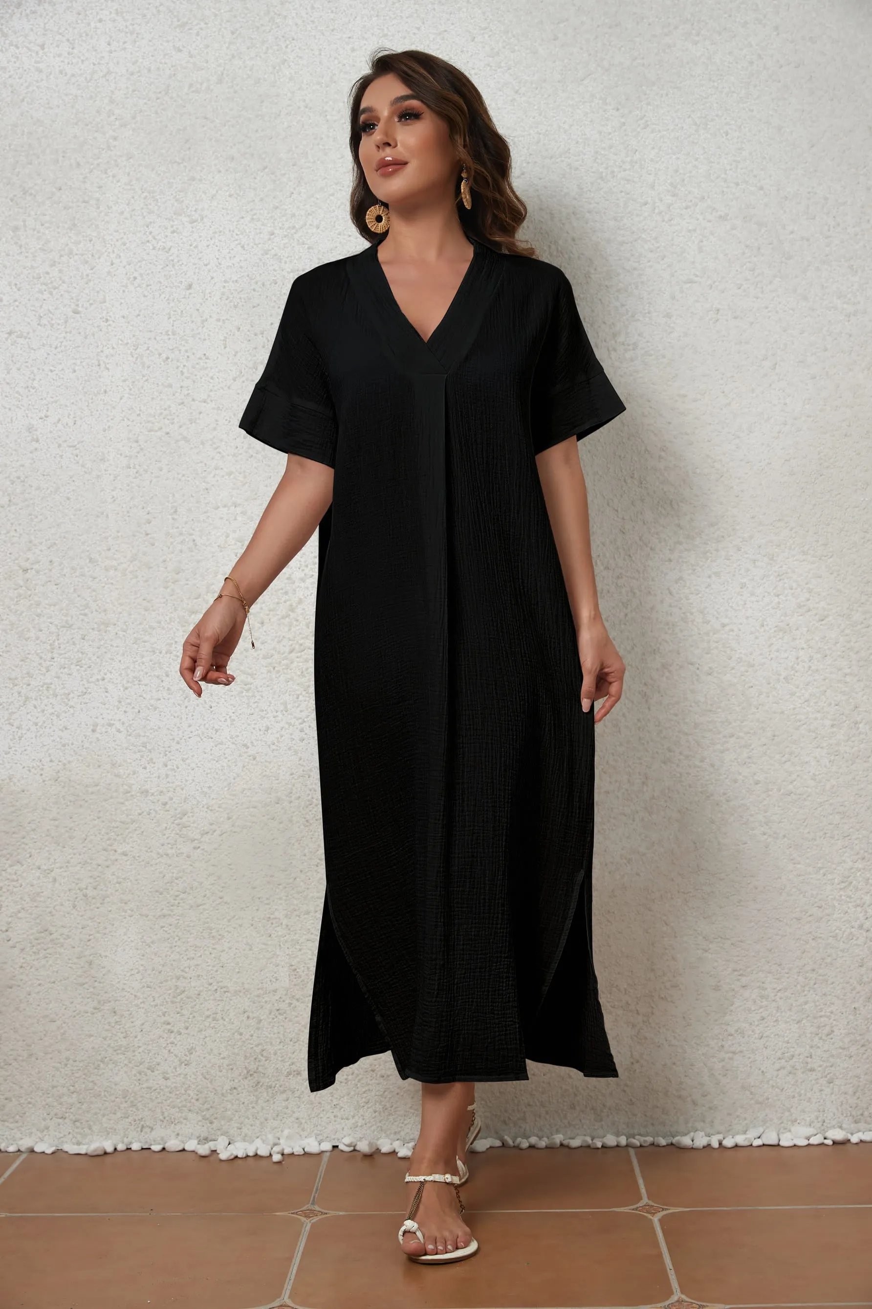 V-Neck Beach Kaftan Dress for Women, Side Split Swim Cover-Up