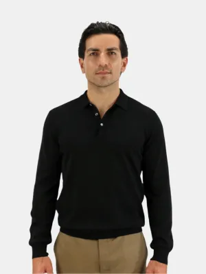 Vico Ribbed Long Sleeve Polo Cotton Black