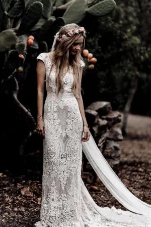 Vintage Lace V Neck Rustic Wedding Dresses Cap Sleeve Ivory Sheath Beach Wedding Gowns W1053