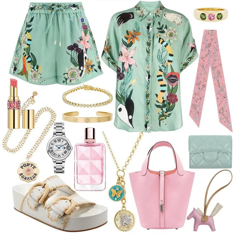 Vintage Print Shirt Shorts Casual Two-Piece Set