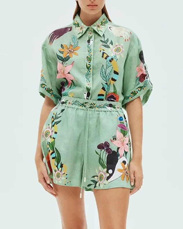 Vintage Print Shirt Shorts Casual Two-Piece Set