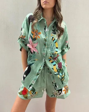 Vintage Print Shirt Shorts Casual Two-Piece Set