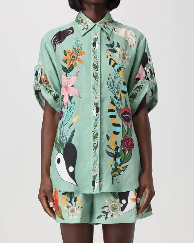 Vintage Print Shirt Shorts Casual Two-Piece Set