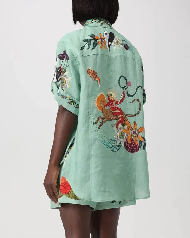 Vintage Print Shirt Shorts Casual Two-Piece Set