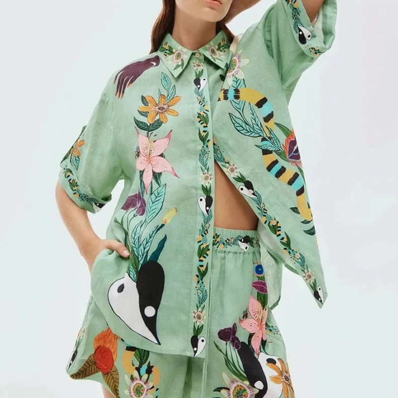 Vintage Print Shirt Shorts Casual Two-Piece Set