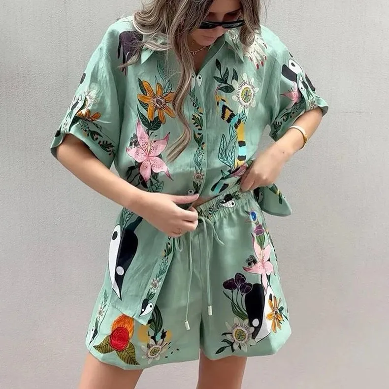 Vintage Print Shirt Shorts Casual Two-Piece Set