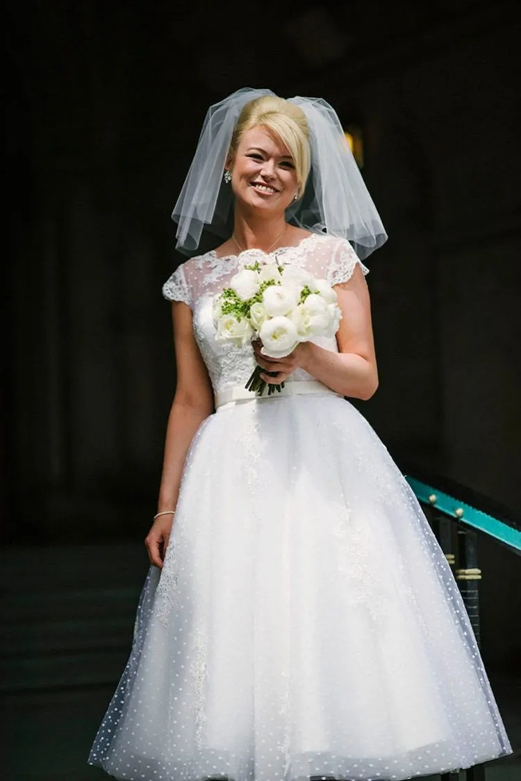 Vintage style Cap Sleeves Lace Short Wedding Dress with Polka Dots