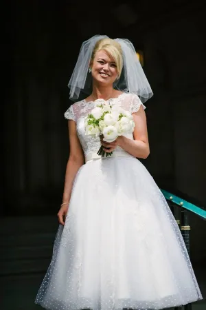 Vintage style Cap Sleeves Lace Short Wedding Dress with Polka Dots