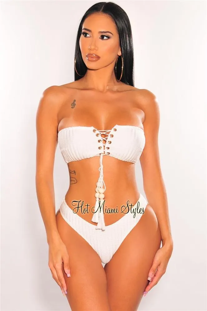 White Crochet Bandeau Lace Up Bikini Tie Up Skirt Three Piece Set Top