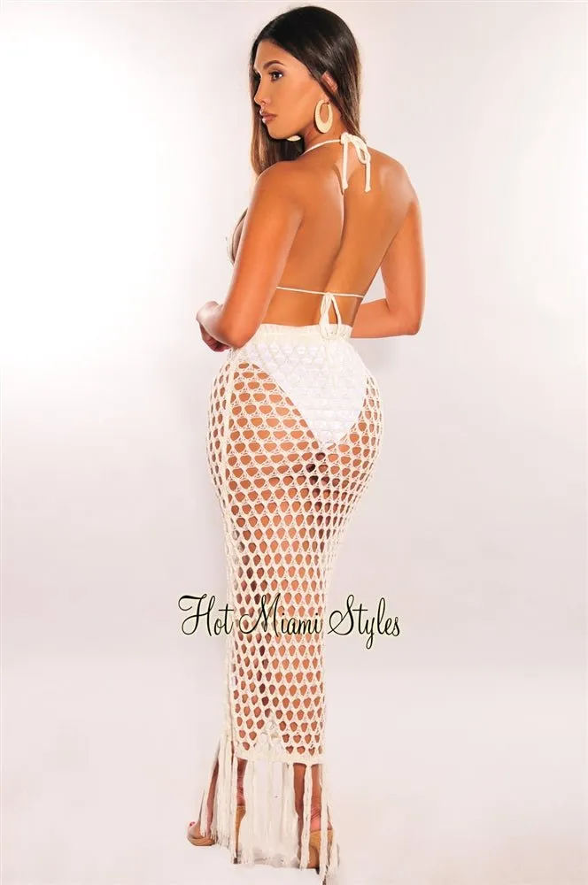 White Crochet Halter Fringe Skirt Two Piece Set Cover Up
