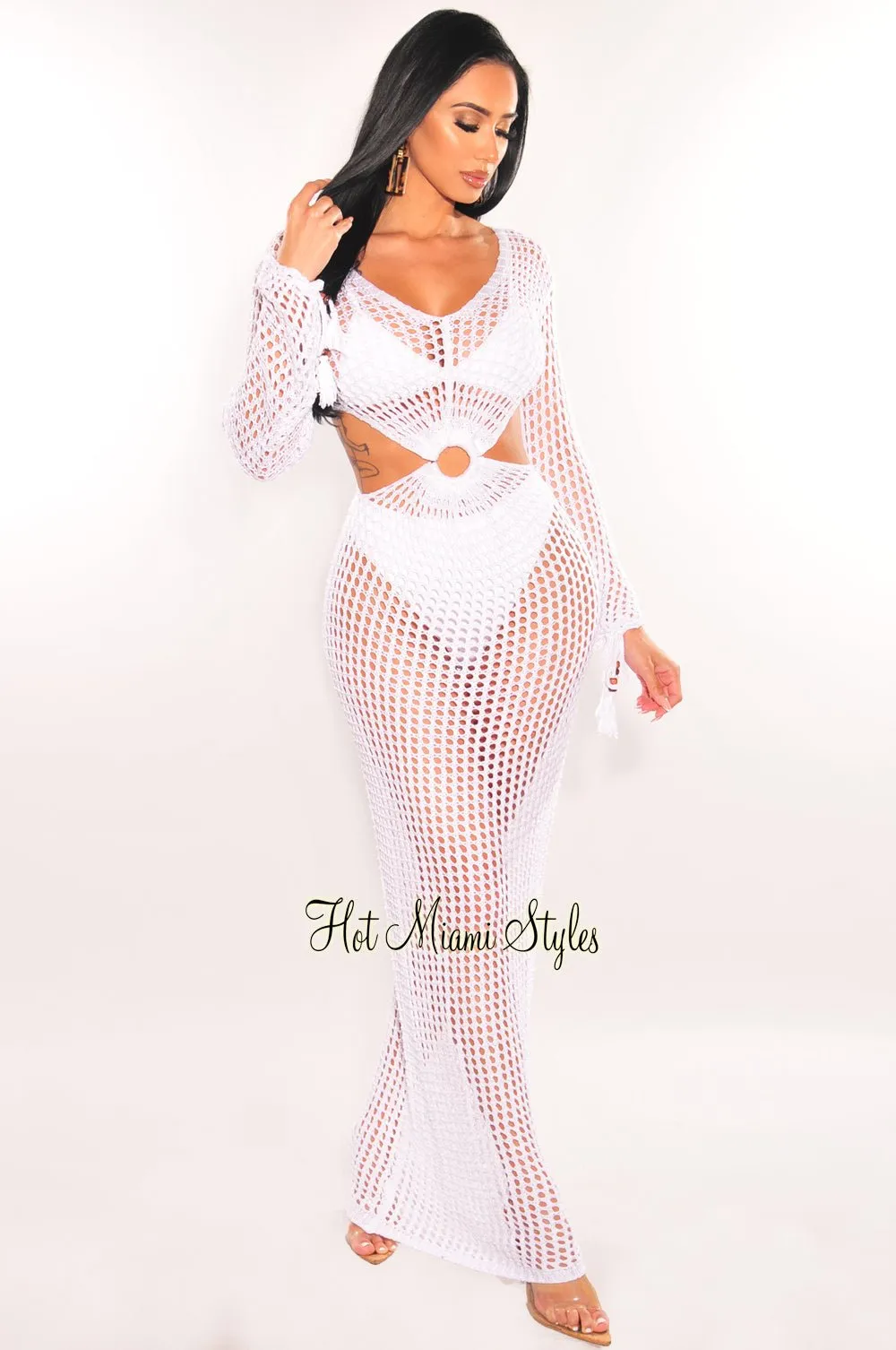 White Crochet Long Sleeve Cut Out O-Ring Maxi Cover Up Dress