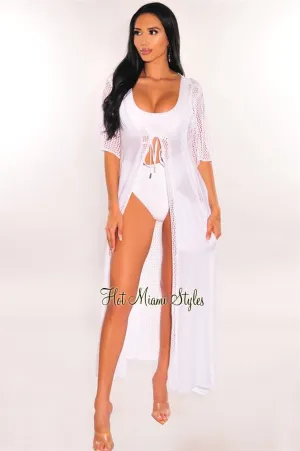 White Crochet Short Sleeve Tie Up Maxi Cover Up
