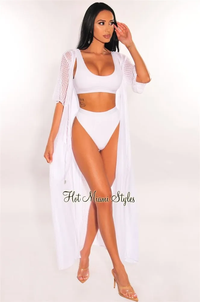 White Crochet Short Sleeve Tie Up Maxi Cover Up