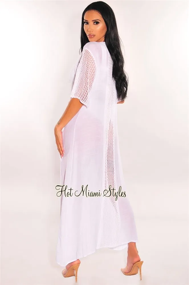 White Crochet Short Sleeve Tie Up Maxi Cover Up