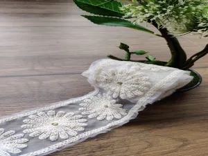 White Floral Lakhnawi Thread and Sequins Work Dyeable Organza Embroidered Border