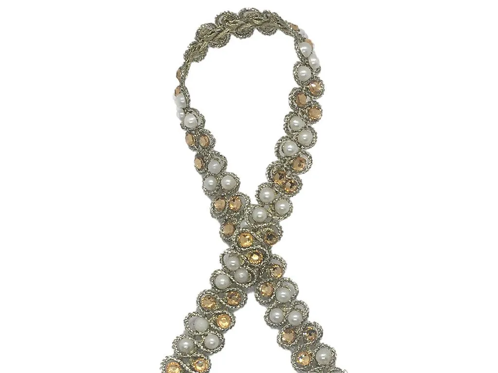 White Golden Stone and Pearl Work Embroidered Border