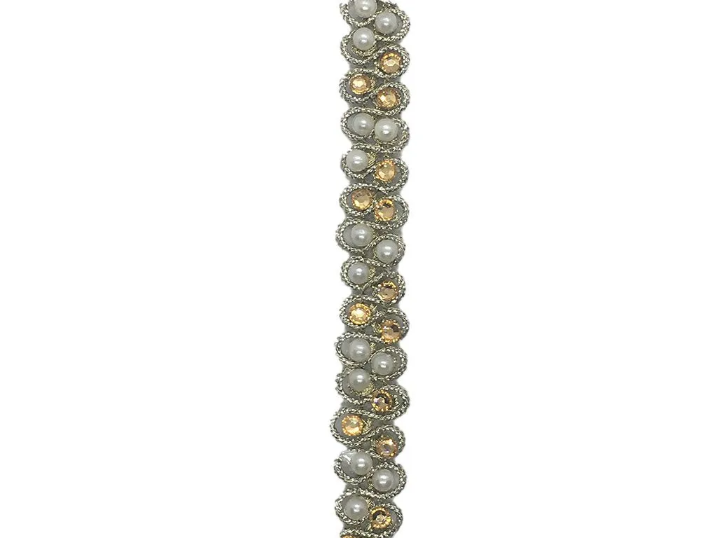 White Golden Stone and Pearl Work Embroidered Border