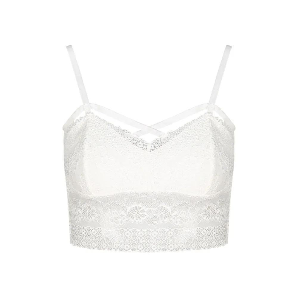 White Strappy Front Lace Hem Bralette Top