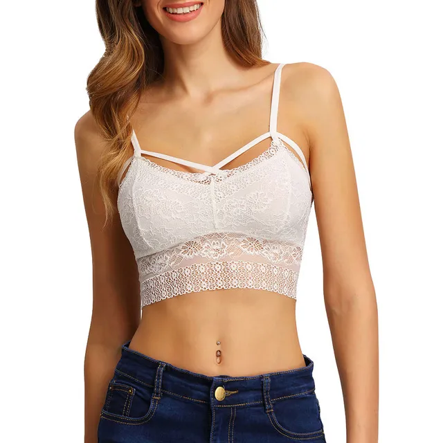 White Strappy Front Lace Hem Bralette Top