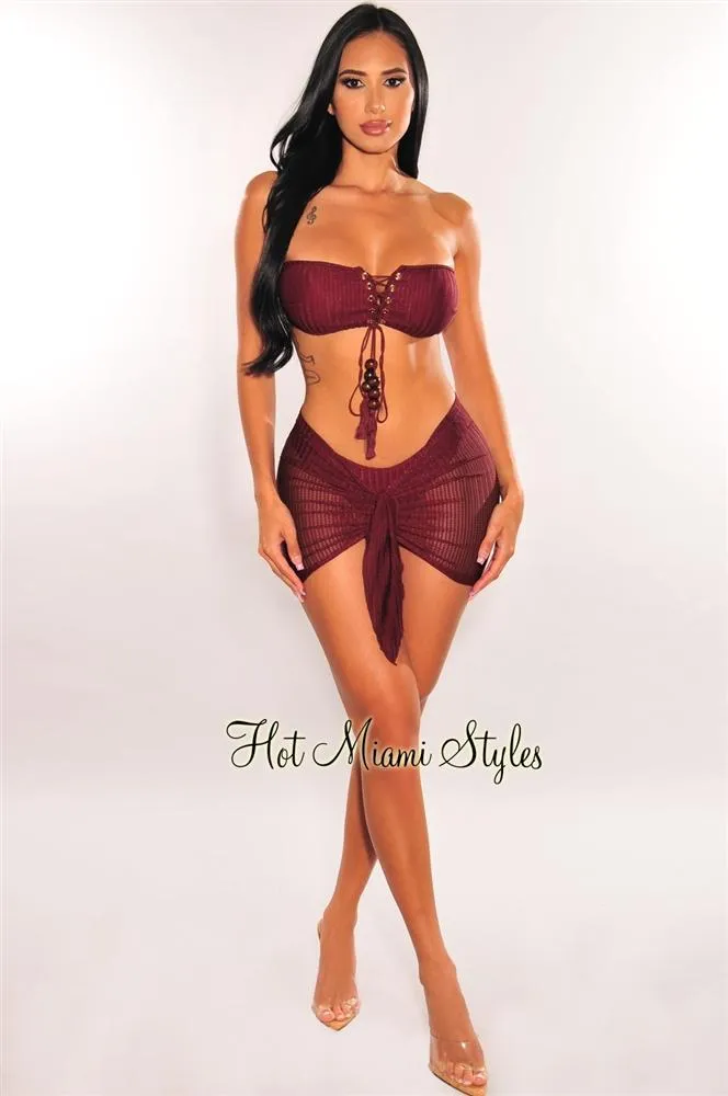 Wine Crochet Bandeau Lace Up Bikini Tie Up Skirt Three Piece Set Top