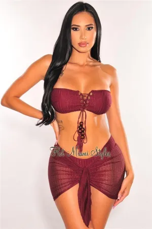 Wine Crochet Bandeau Lace Up Bikini Tie Up Skirt Three Piece Set Top