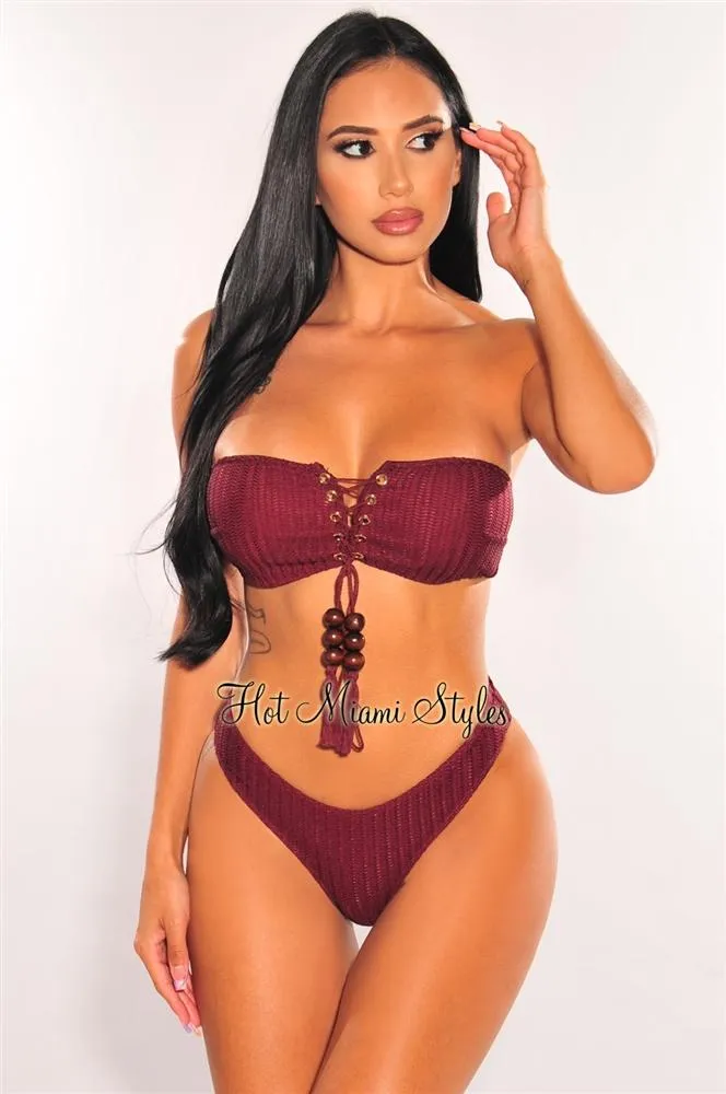 Wine Crochet Bandeau Lace Up Bikini Tie Up Skirt Three Piece Set Top