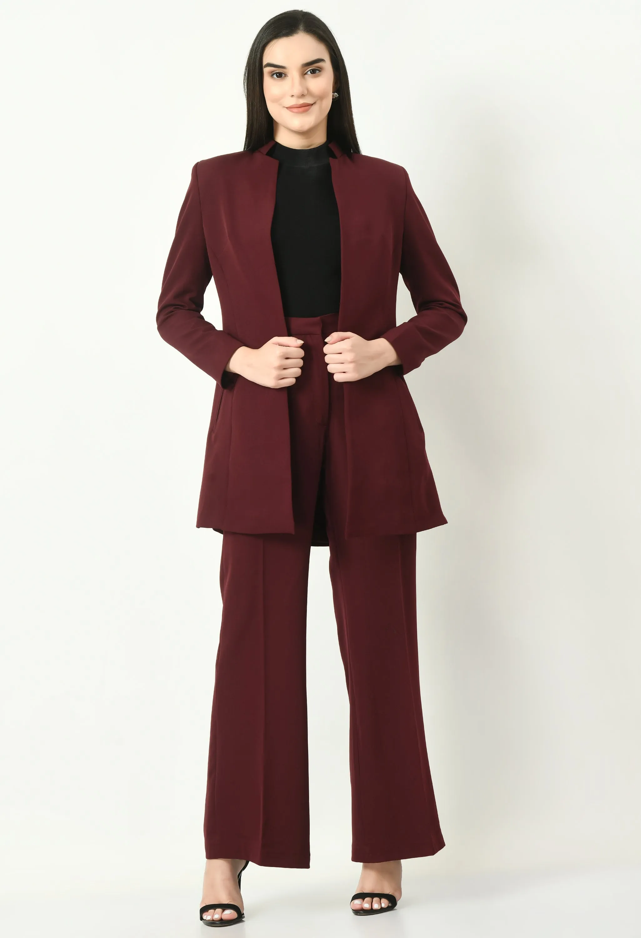 Wine Mastery Solid Long Blazer With Bootcut Trouser