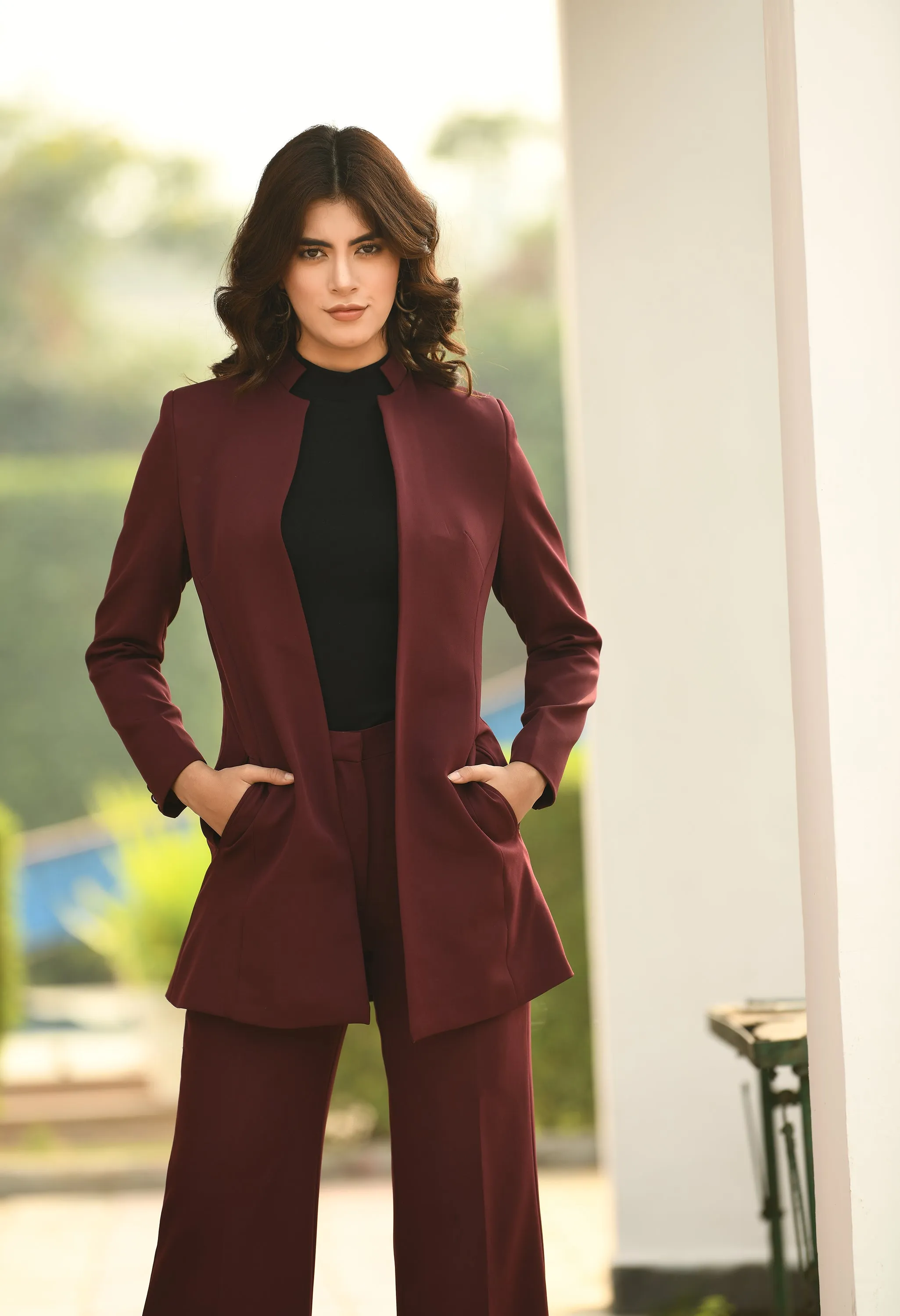 Wine Mastery Solid Long Blazer With Bootcut Trouser