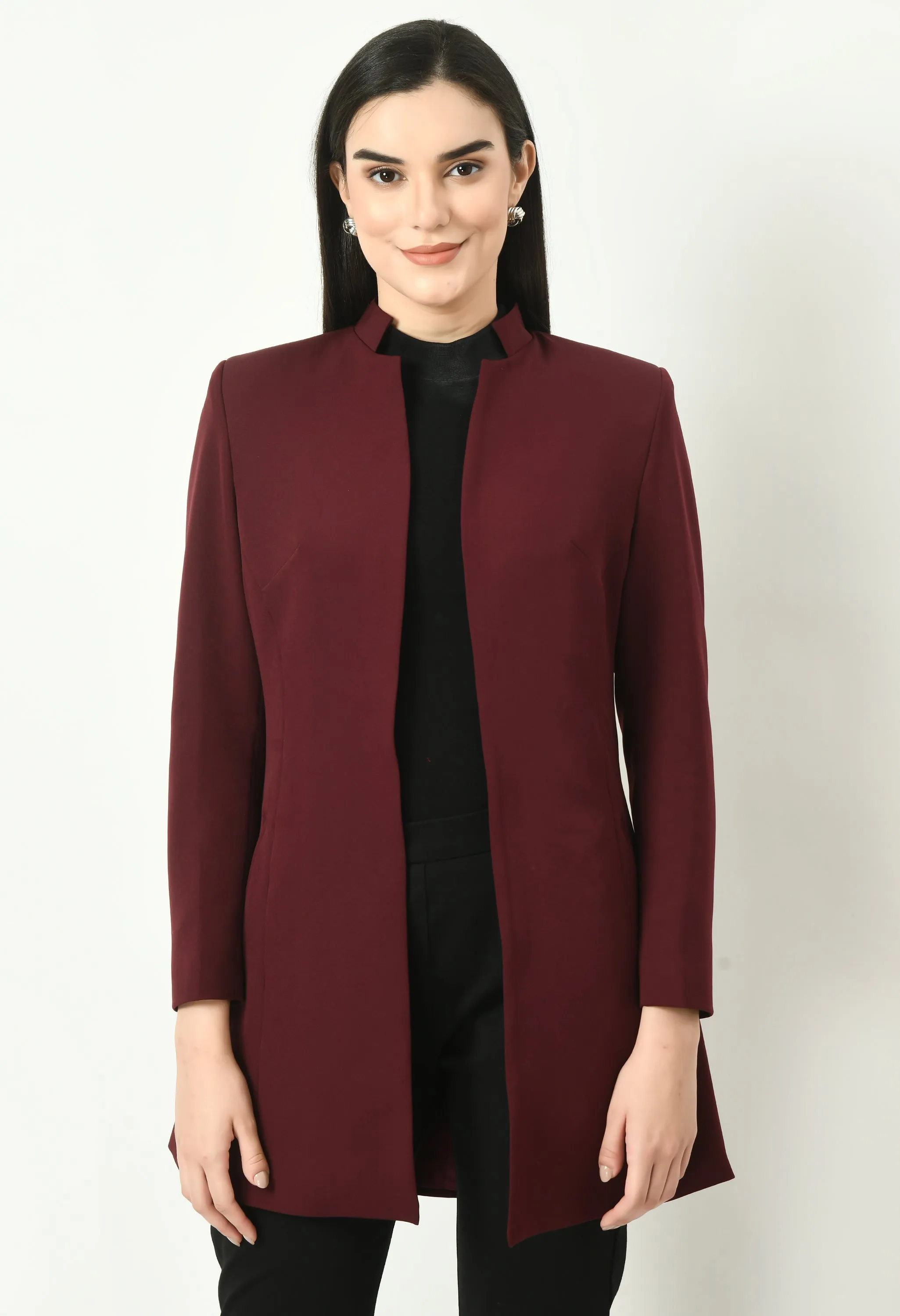 Wine Mastery Solid Long Blazer With Bootcut Trouser