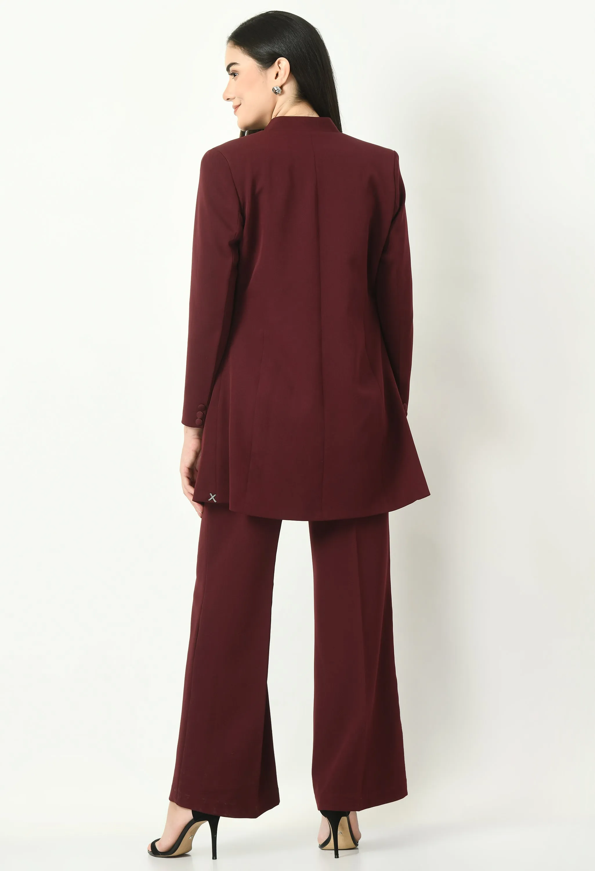 Wine Mastery Solid Long Blazer With Bootcut Trouser
