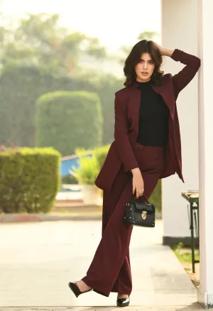 Wine Mastery Solid Long Blazer With Bootcut Trouser