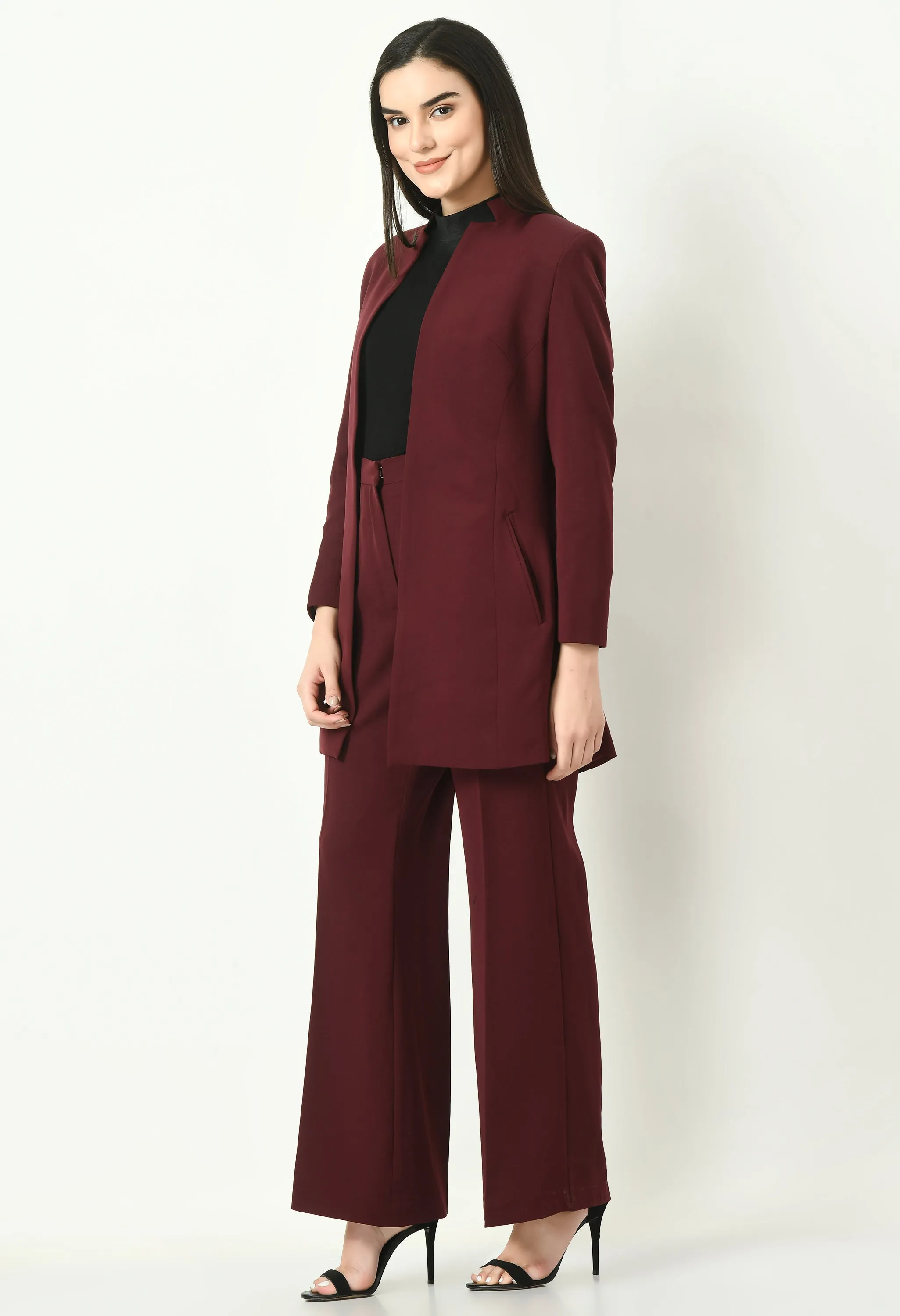 Wine Mastery Solid Long Blazer With Bootcut Trouser