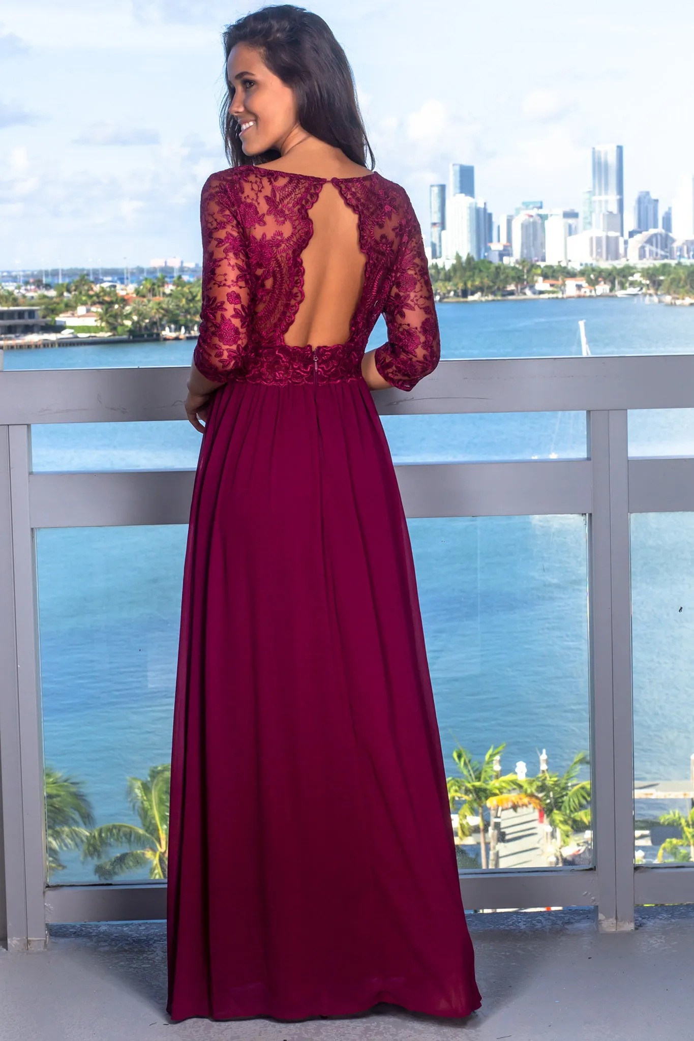 Wine Maxi Dress with Embroidered Top and Open Back