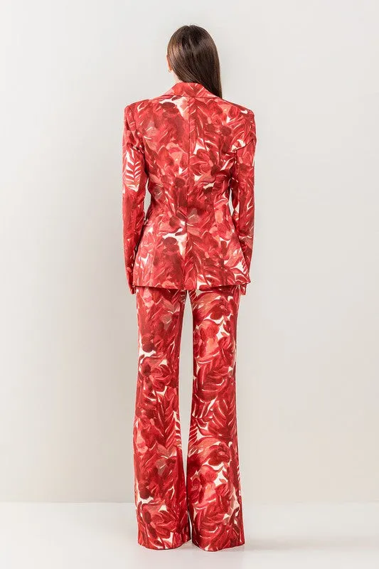 Wine Tie-Dye Floral Blazer Pants Set