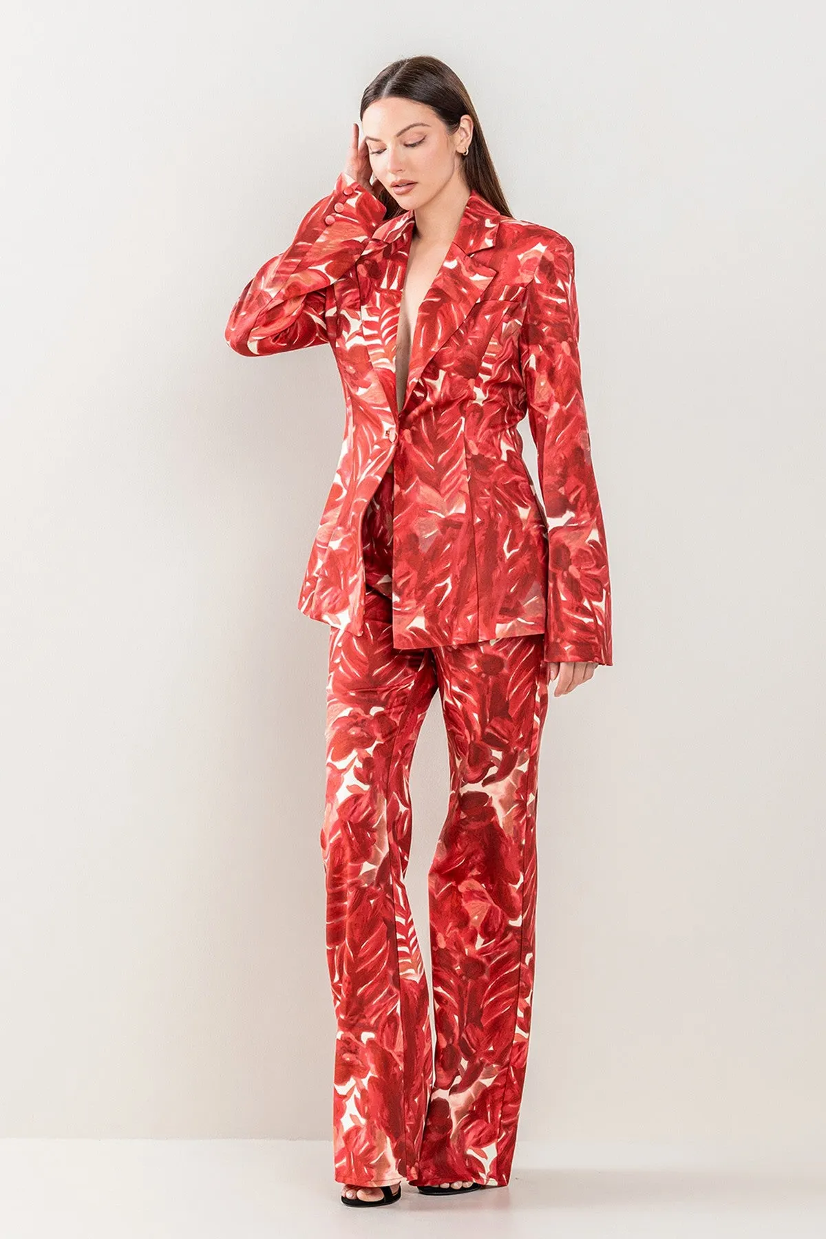 Wine Tie-Dye Floral Blazer Pants Set