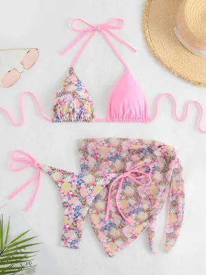 Women Floral Bikini 3-Piece Swimwear with Sarong Set
