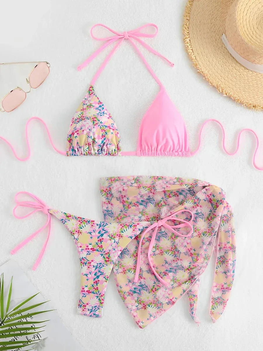 Women Floral Bikini 3-Piece Swimwear with Sarong Set